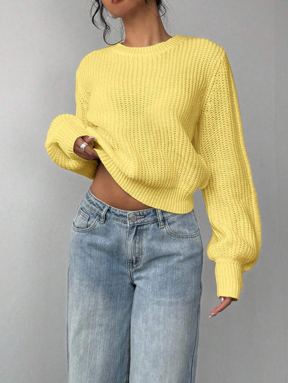 Aurelia Chunky Waffle Knit Crew Neck Relaxed Sweater - Lemon Yellow