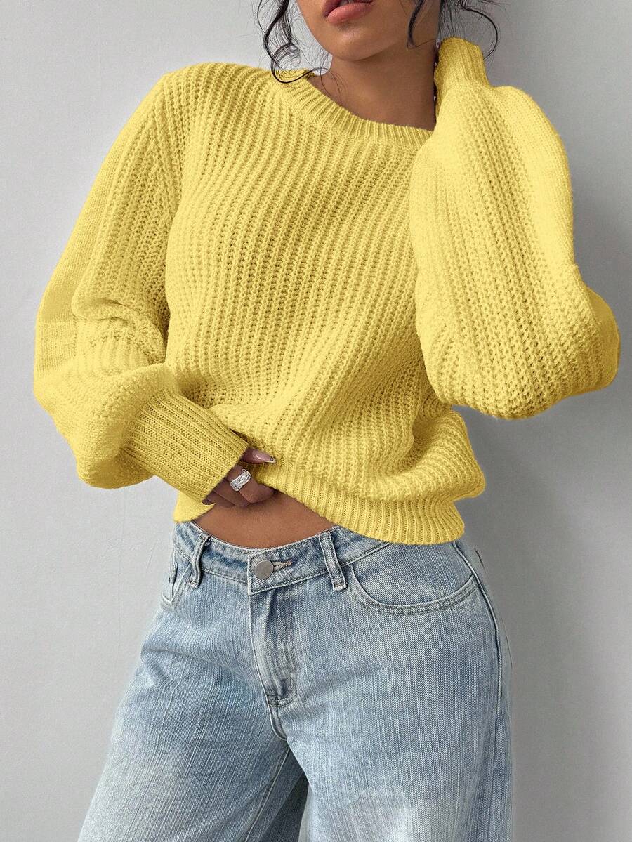 Aurelia Chunky Waffle Knit Crew Neck Relaxed Sweater - Lemon Yellow