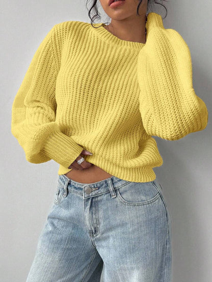 Aurelia Chunky Waffle Knit Crew Neck Relaxed Sweater - Lemon Yellow