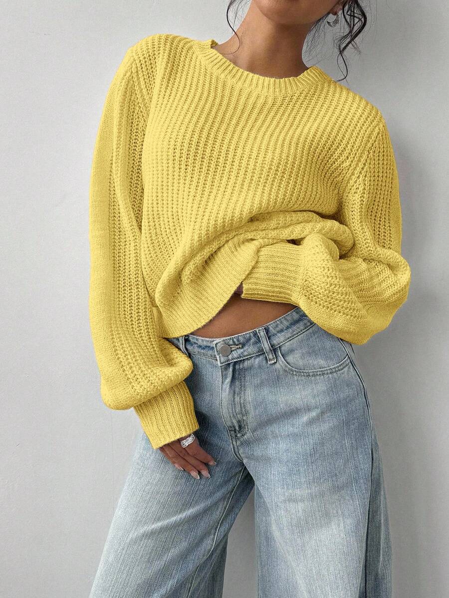 Aurelia Chunky Waffle Knit Crew Neck Relaxed Sweater - Lemon Yellow