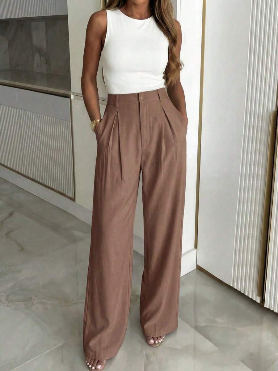 Women's Buckle Waist Wide Leg Trousers, Tailored Dress Pants for Work Office - Yellow
