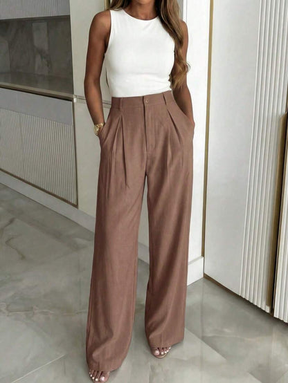 Women's Buckle Waist Wide Leg Trousers, Tailored Dress Pants for Work Office - Yellow