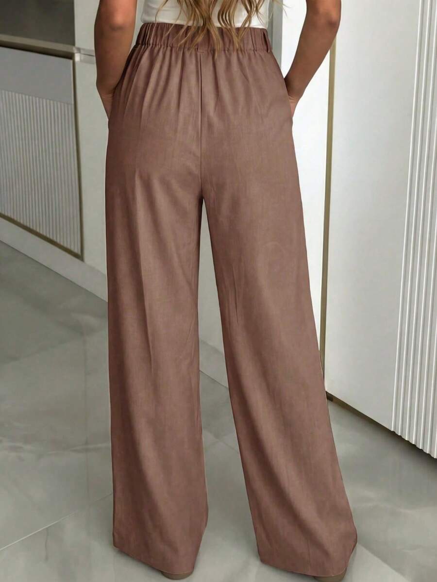 Women's Buckle Waist Wide Leg Trousers, Tailored Dress Pants for Work Office - Dark Brown