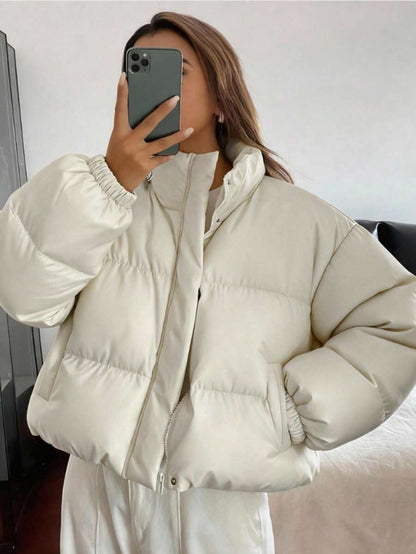 Blanche Boxy Cropped Puffer Jacket with Stand Collar and Zip - Cream