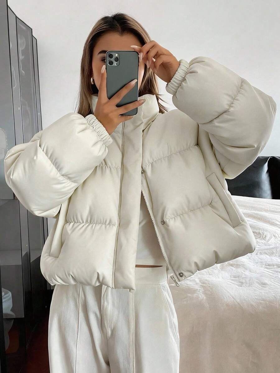 Blanche Boxy Cropped Puffer Jacket with Stand Collar and Zip - Cream