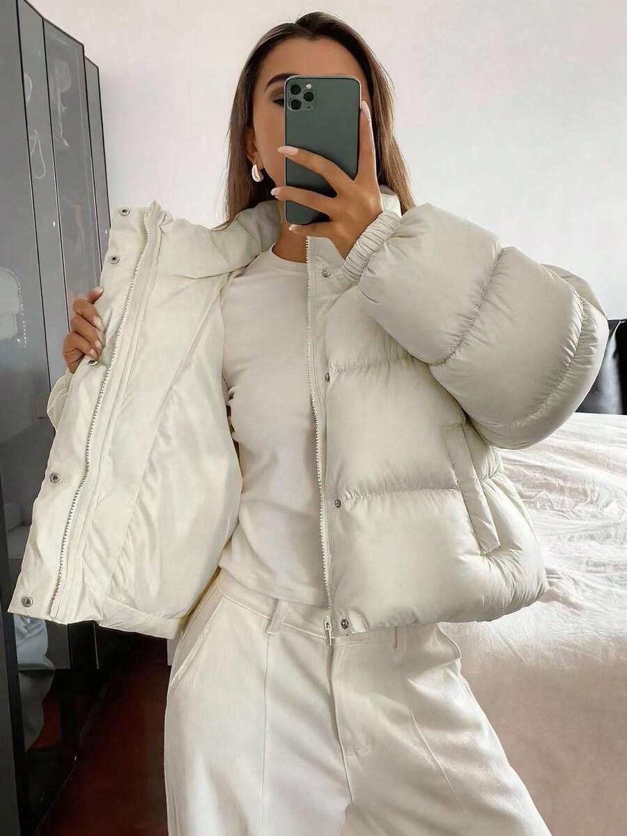 Blanche Boxy Cropped Puffer Jacket with Stand Collar and Zip - Cream