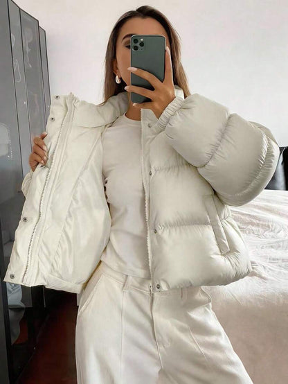 Blanche Boxy Cropped Puffer Jacket with Stand Collar and Zip - Cream