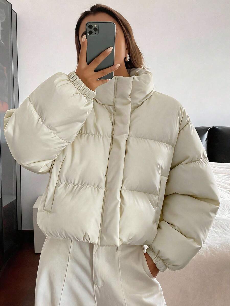 Blanche Boxy Cropped Puffer Jacket with Stand Collar and Zip - Cream