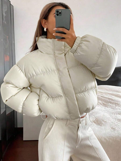 Blanche Boxy Cropped Puffer Jacket with Stand Collar and Zip - Cream