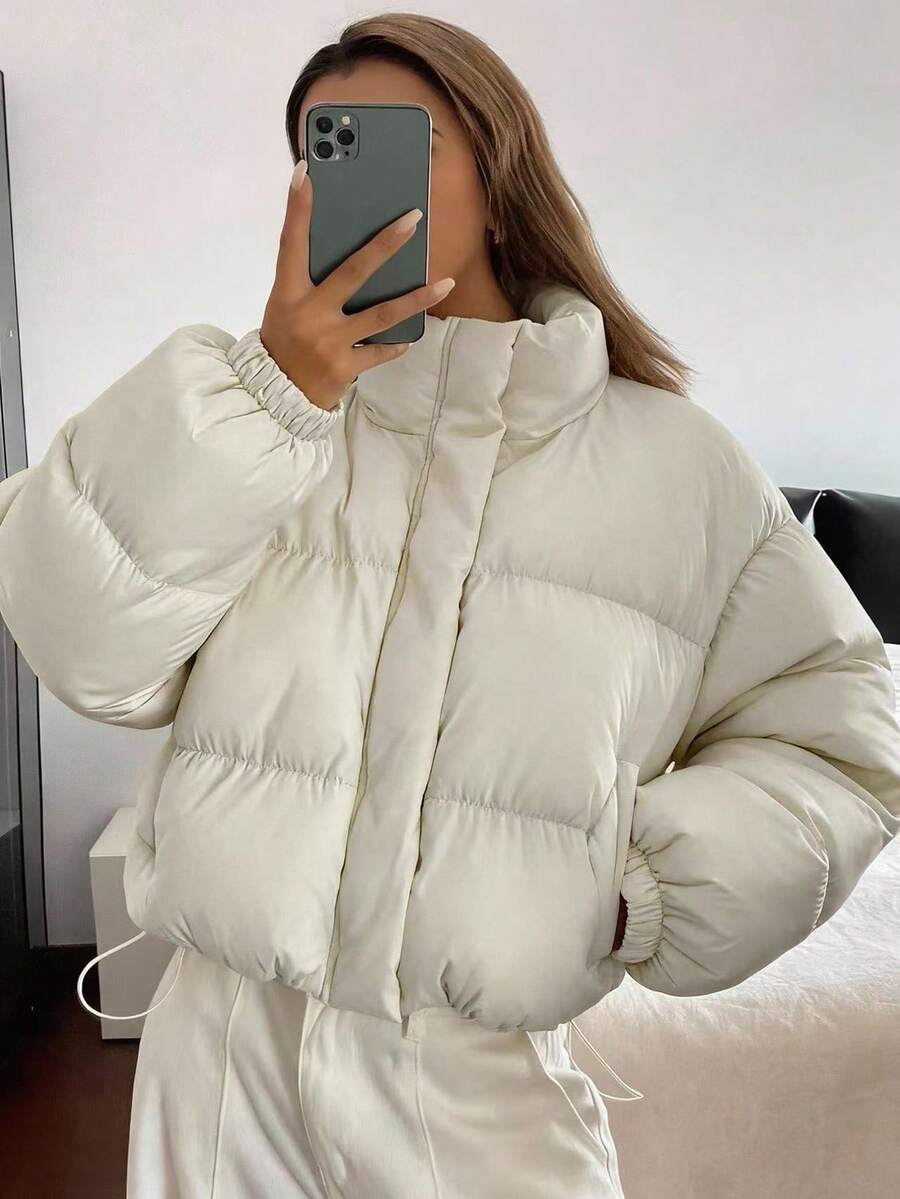 Blanche Boxy Cropped Puffer Jacket with Stand Collar and Zip - Cream