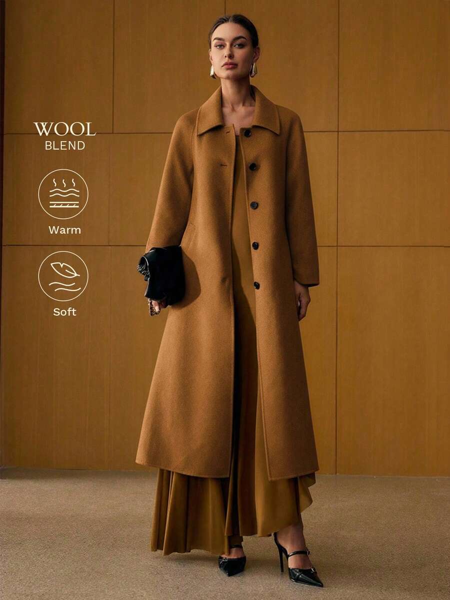 Esmeralda Wool Blend Collared Belted Midi Overcoat - Navy Blue