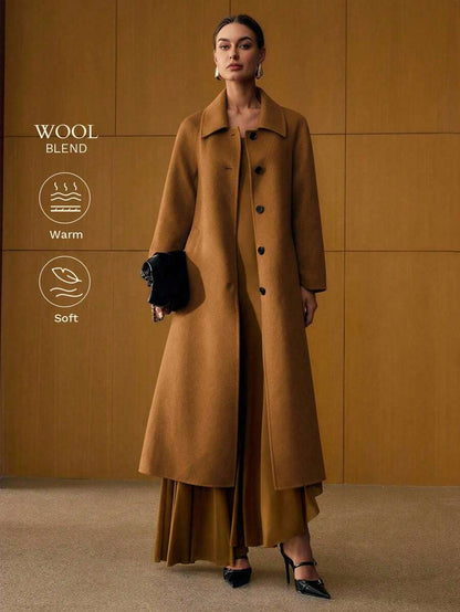 Esmeralda Wool Blend Collared Belted Midi Overcoat - Navy Blue