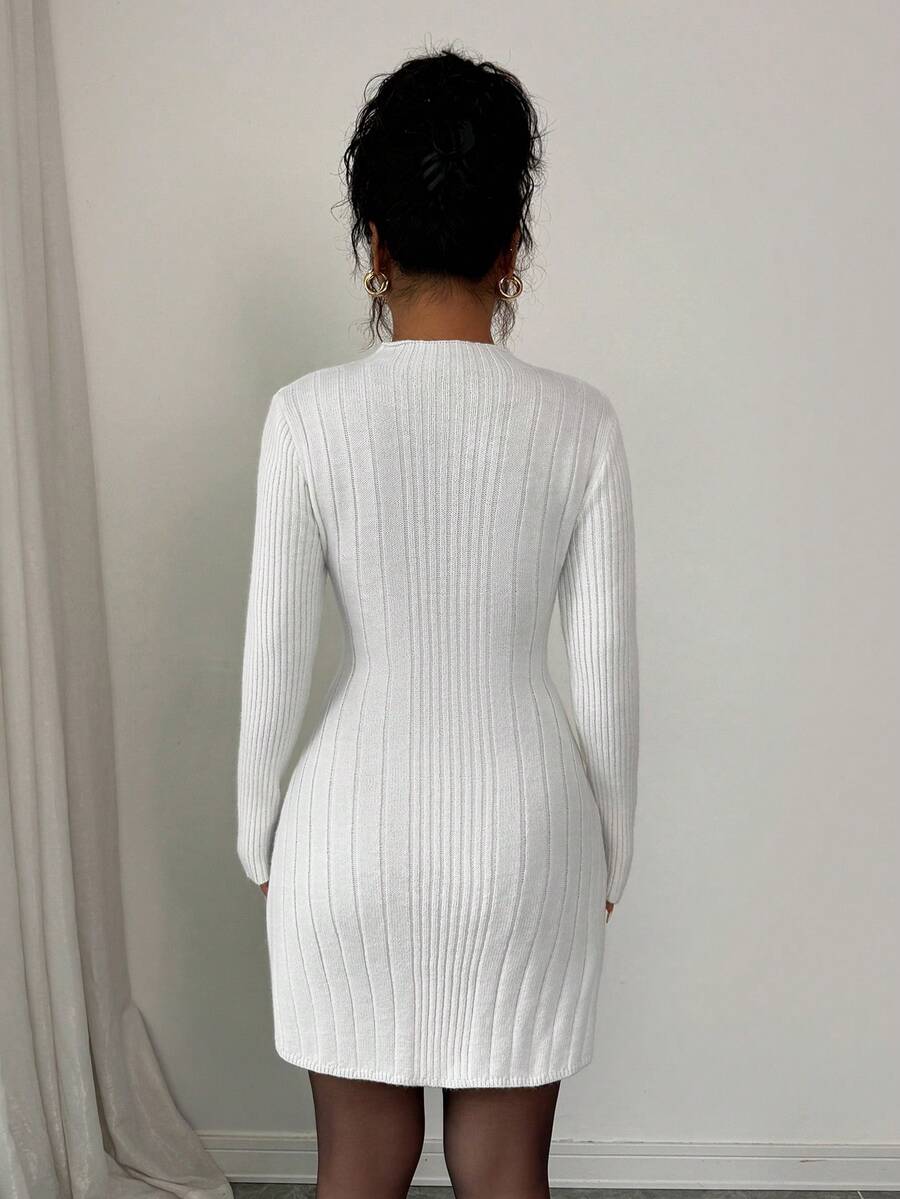 Carys Ribbed Sweater Dress with Mock Neck and Long Sleeves - White