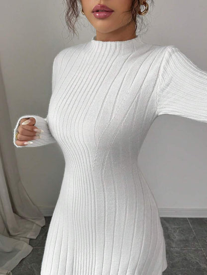 Carys Ribbed Sweater Dress with Mock Neck and Long Sleeves - White