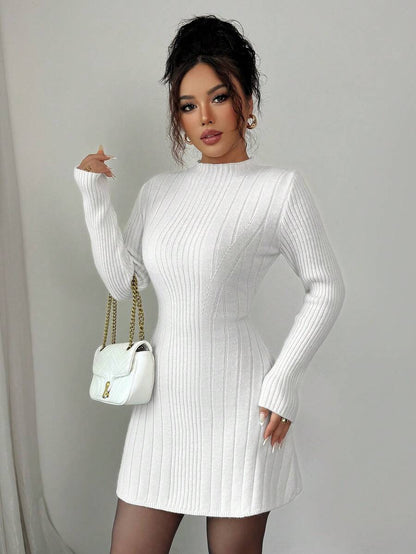 Carys Ribbed Sweater Dress with Mock Neck and Long Sleeves - White