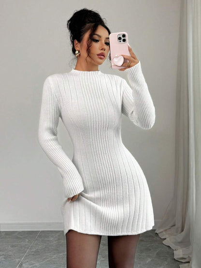 Carys Ribbed Sweater Dress with Mock Neck and Long Sleeves - White
