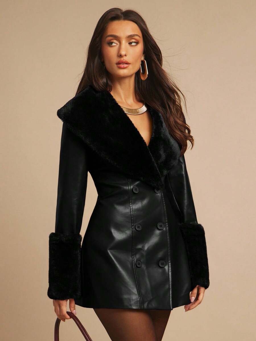 Saint Moritz Faux Fur Collar Double Breasted Faux Leather Jacket