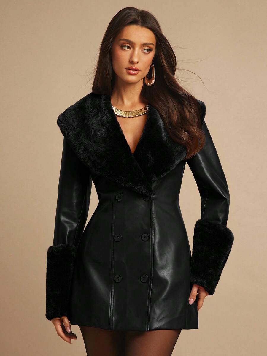 Saint Moritz Faux Fur Collar Double Breasted Faux Leather Jacket