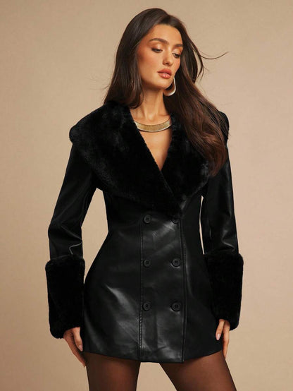 Saint Moritz Faux Fur Collar Double Breasted Faux Leather Jacket