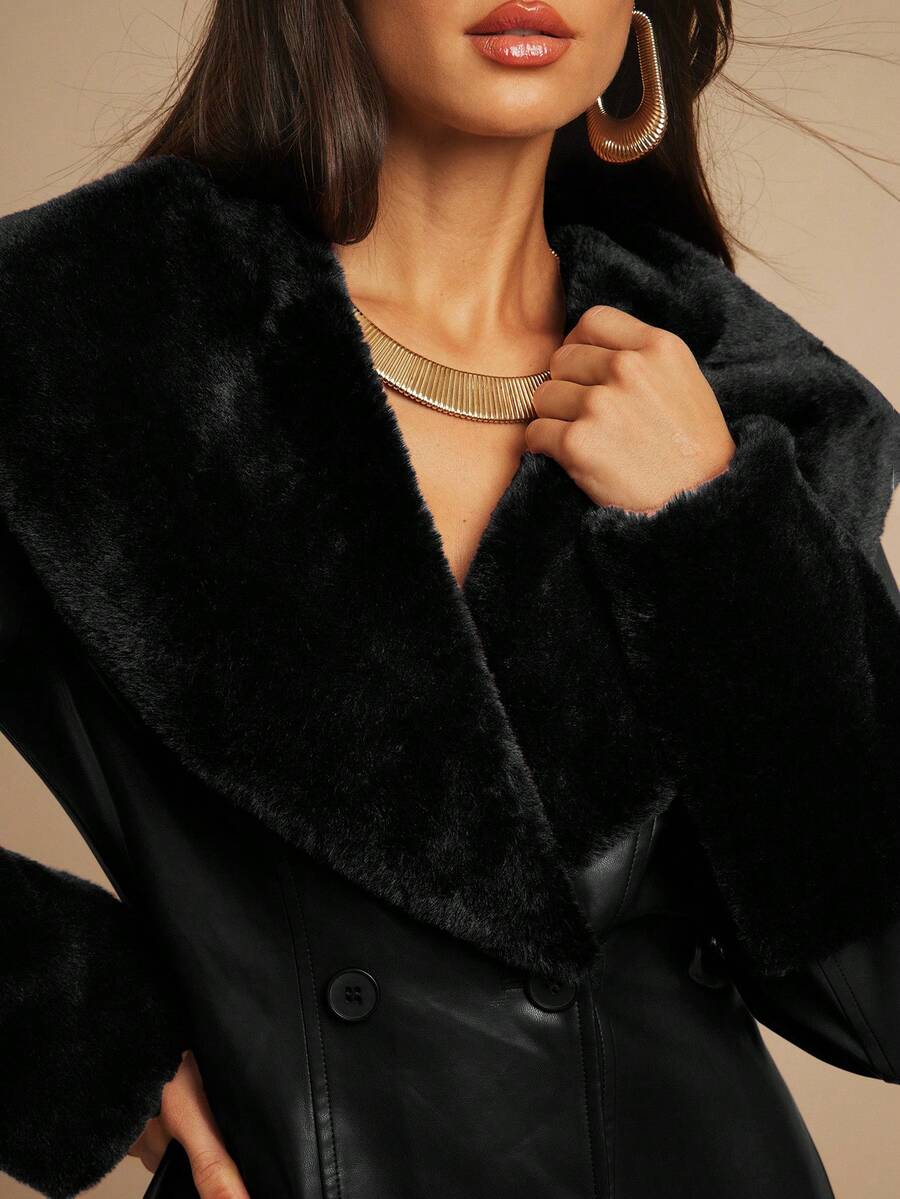Saint Moritz Faux Fur Collar Double Breasted Faux Leather Jacket