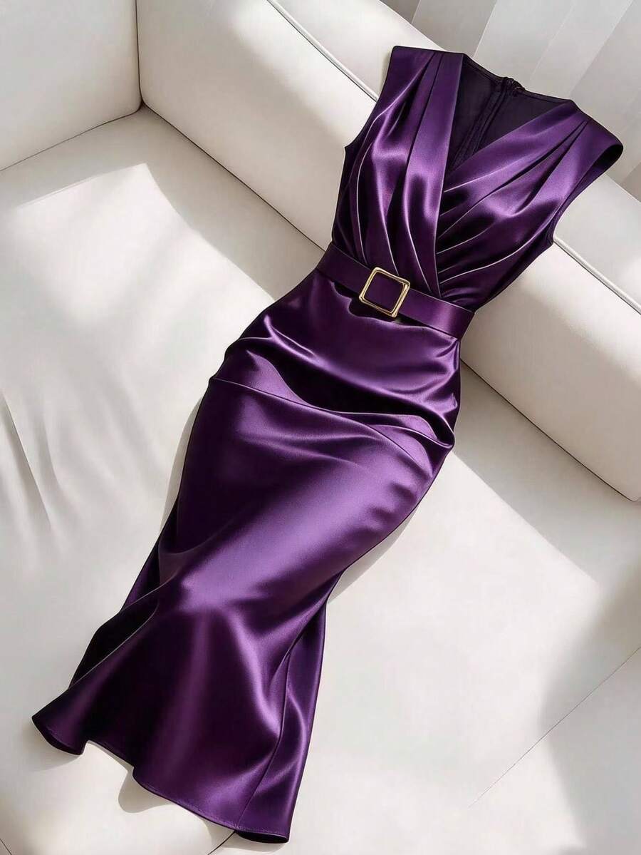 Women's Satin V-Neck Midi Dress, Fitted Silky Dress for Wedding Guest and Evening - Purple