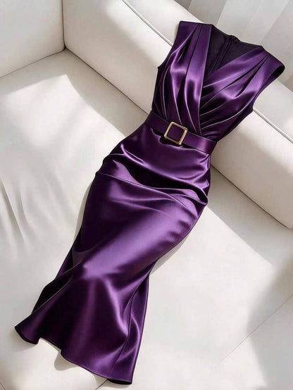 Women's Satin V-Neck Midi Dress, Fitted Silky Dress for Wedding Guest and Evening - Purple