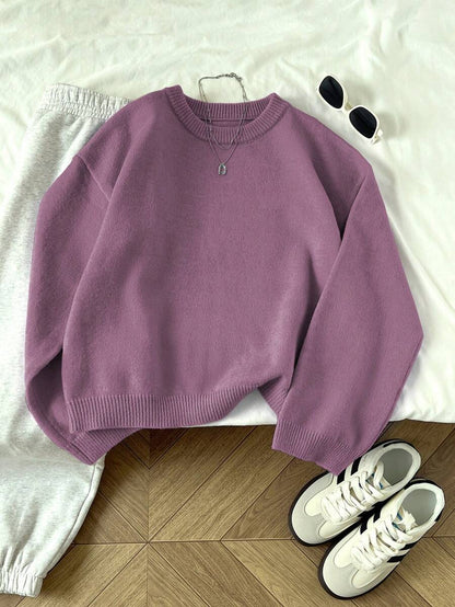 Women's Oversized Crew Neck Pullover Sweater, Relaxed Knit Sweater for Fall Winter - Lilac Purple
