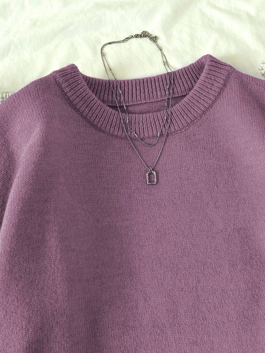 Women's Oversized Crew Neck Pullover Sweater, Relaxed Knit Sweater for Fall Winter - Coffee Brown