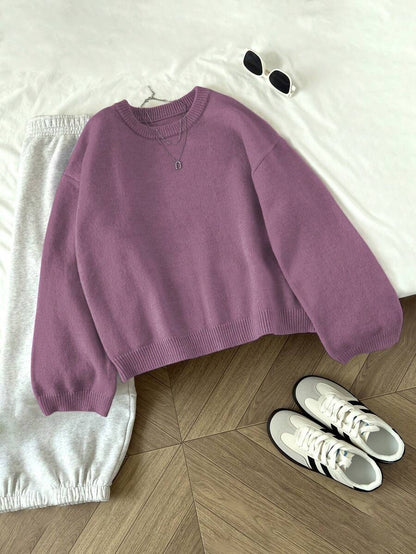 Women's Oversized Crew Neck Pullover Sweater, Relaxed Knit Sweater for Fall Winter - Burgundy