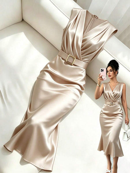 Women's Satin V-Neck Midi Dress, Fitted Silky Dress for Wedding Guest and Evening - Apricot