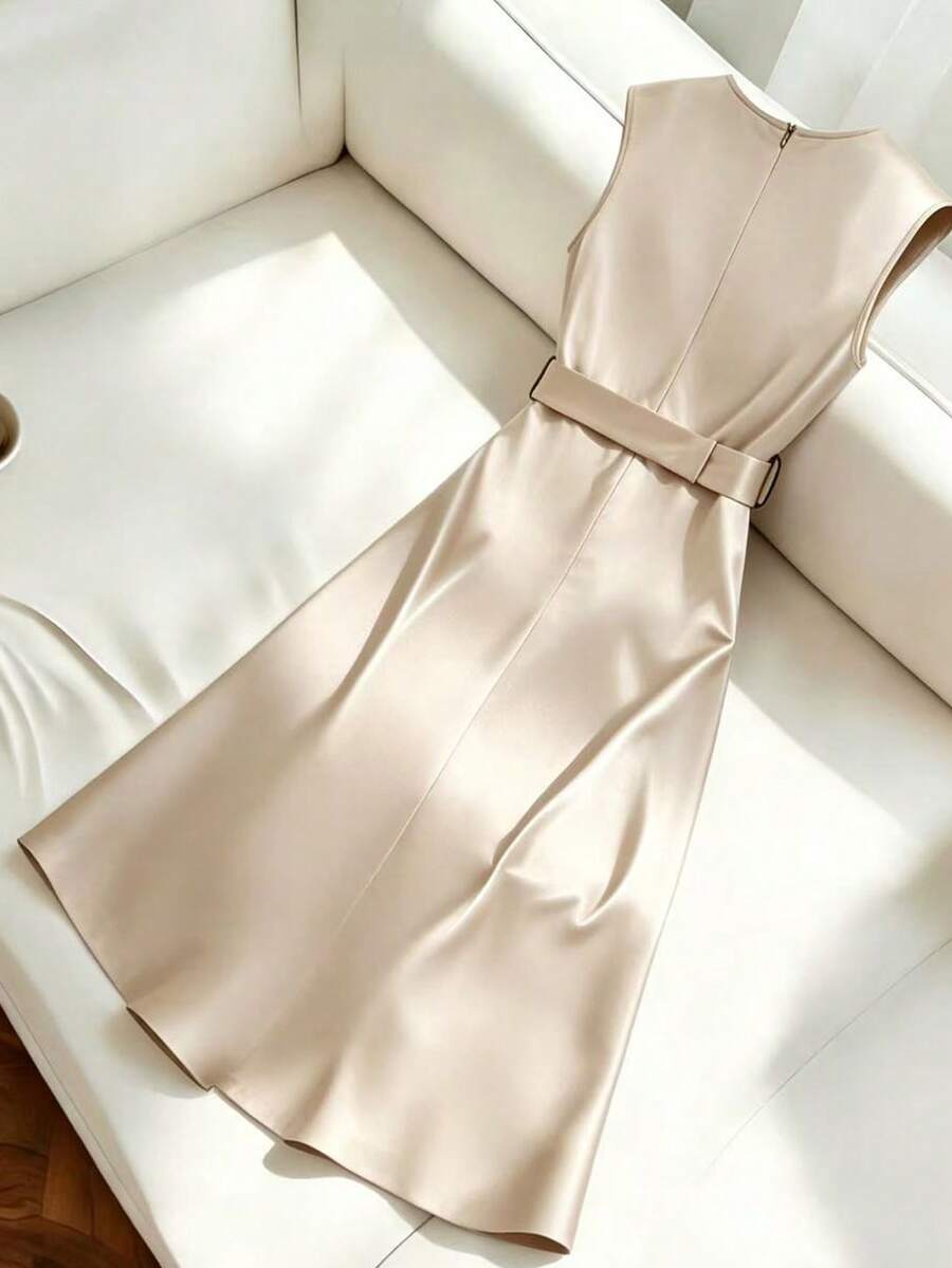 Women's Satin V-Neck Midi Dress, Fitted Silky Dress for Wedding Guest and Evening - Navy Blue