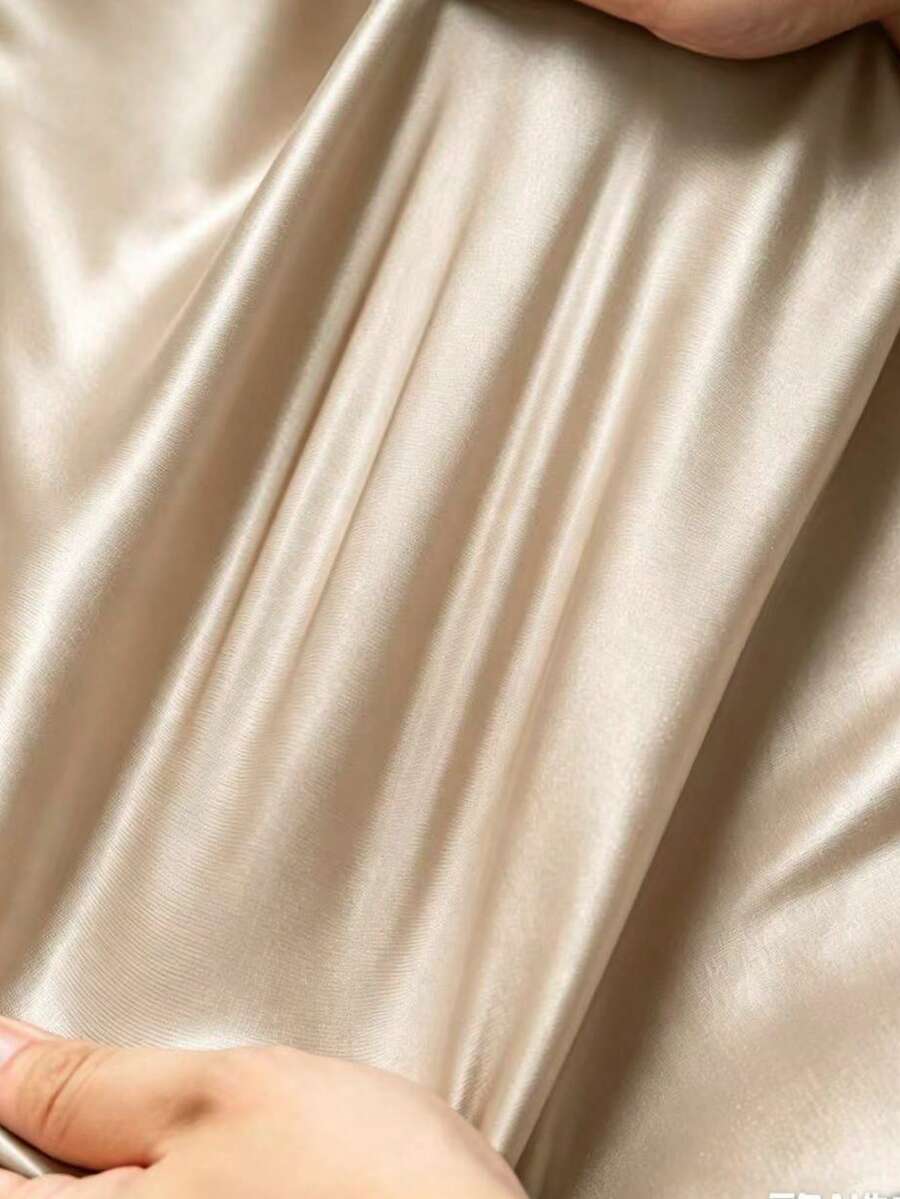 Women's Satin V-Neck Midi Dress, Fitted Silky Dress for Wedding Guest and Evening - Apricot