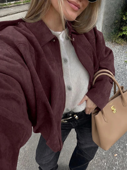 Sabrina Faux Suede Oversized Cropped Collared Jacket - Burgundy