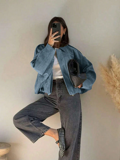 Sabrina Faux Suede Oversized Cropped Collared Jacket - Sky Blue