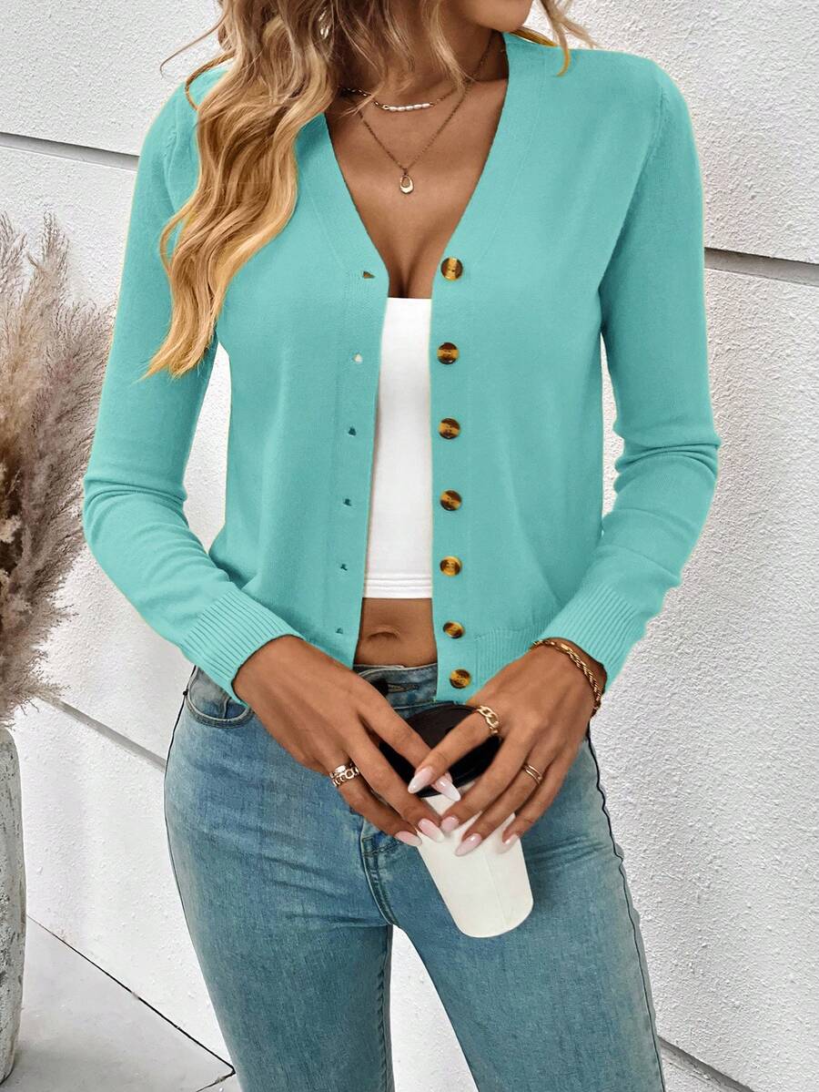 Georgiana Slim Ribbed V-Neck Button Front Knit Cardigan - Turquoise