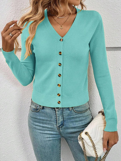 Georgiana Slim Ribbed V-Neck Button Front Knit Cardigan - Turquoise