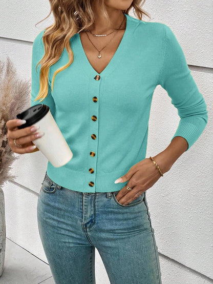 Georgiana Slim Ribbed V-Neck Button Front Knit Cardigan - Turquoise