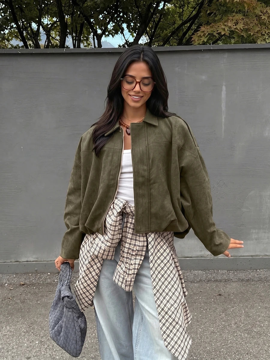 Sabrina Faux Suede Oversized Cropped Collared Jacket - Olive Green
