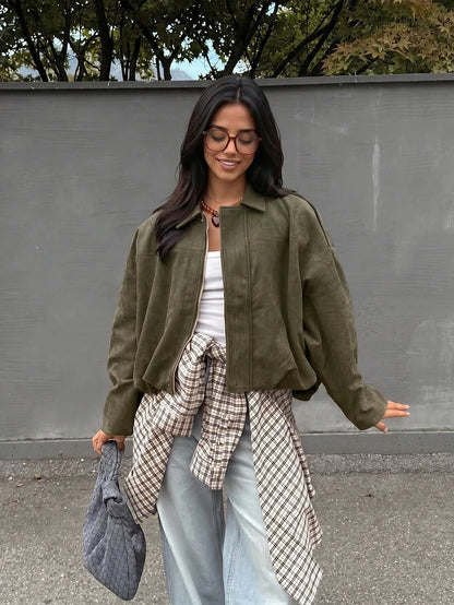 Sabrina Faux Suede Oversized Cropped Collared Jacket - Olive Green