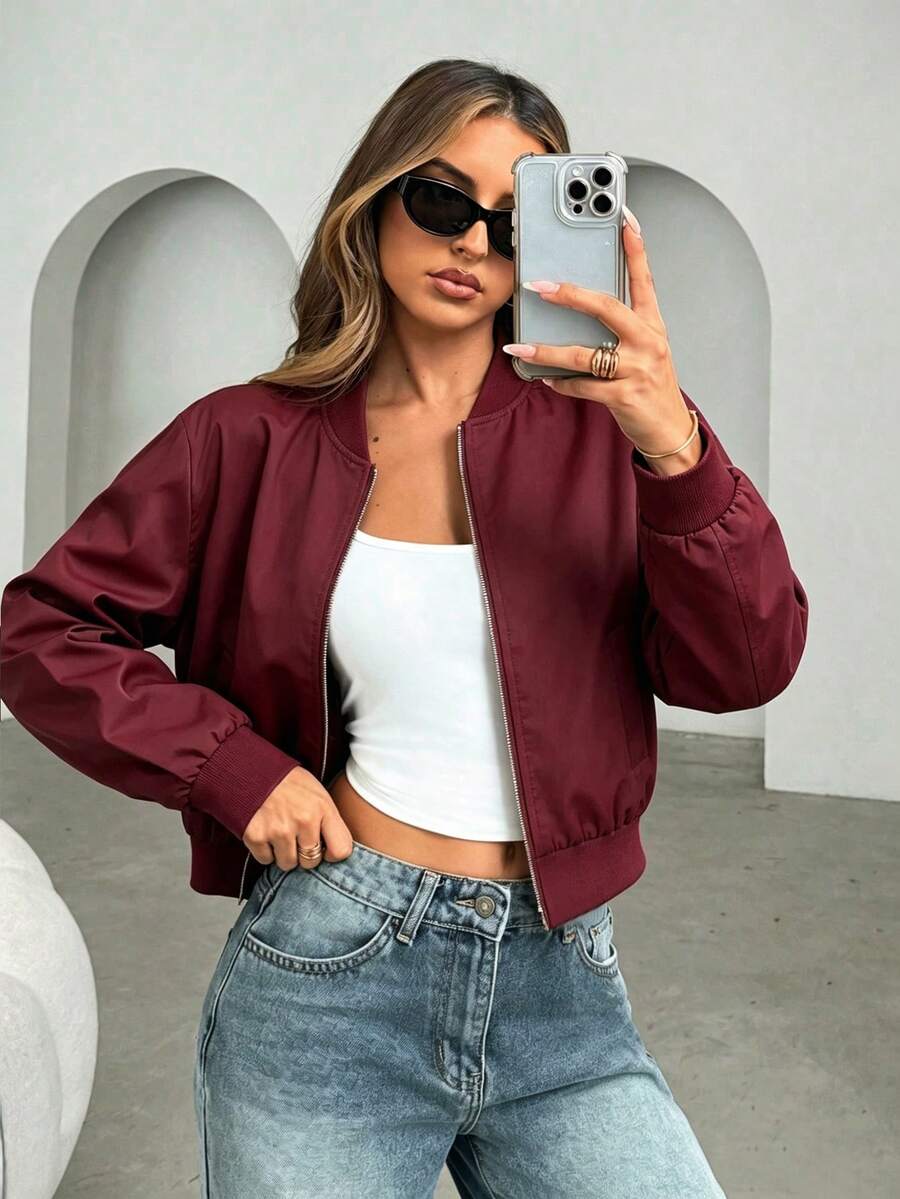Steamboat Zip Up Bomber Jacket with Ribbed Trim - Maroon