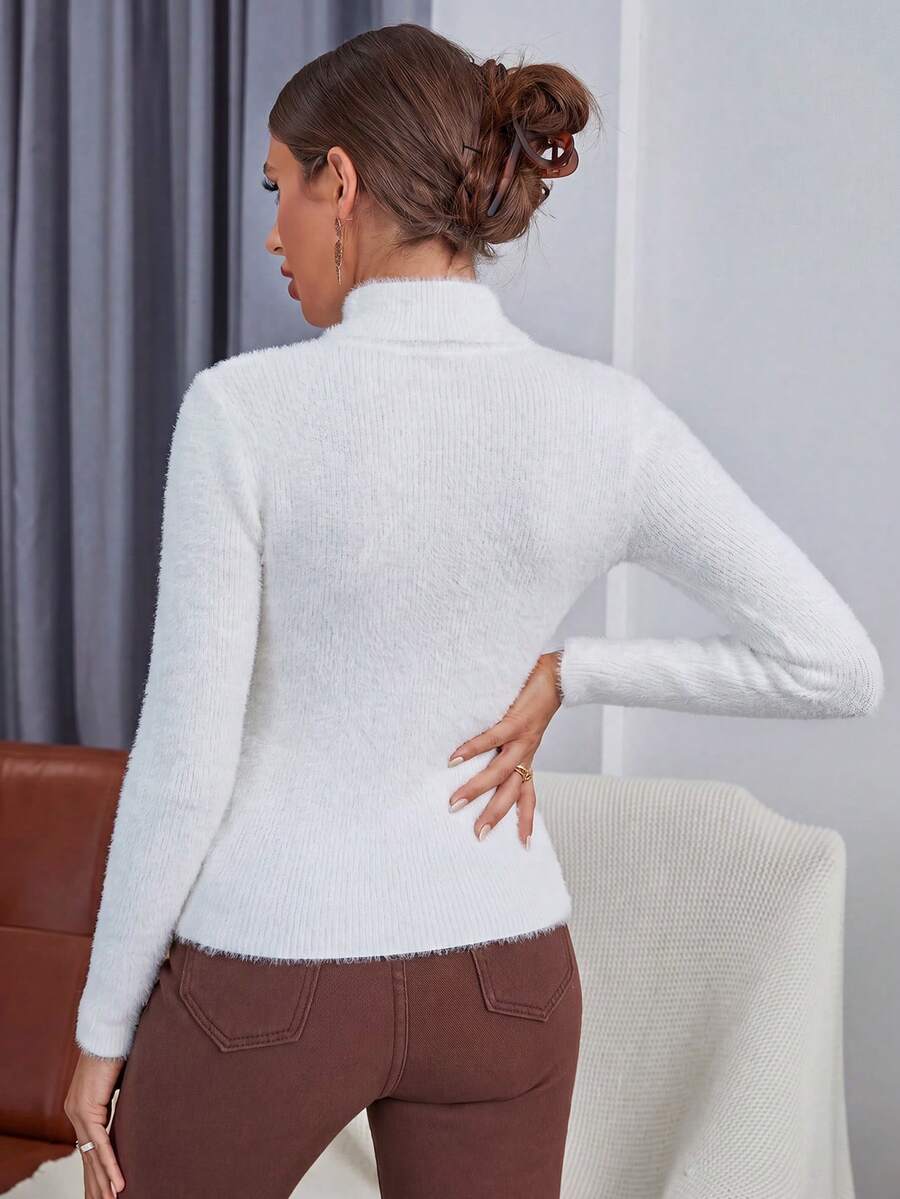 Ingrid Fitted Rib Knit Turtleneck Long Sleeve Pullover Sweater - White
