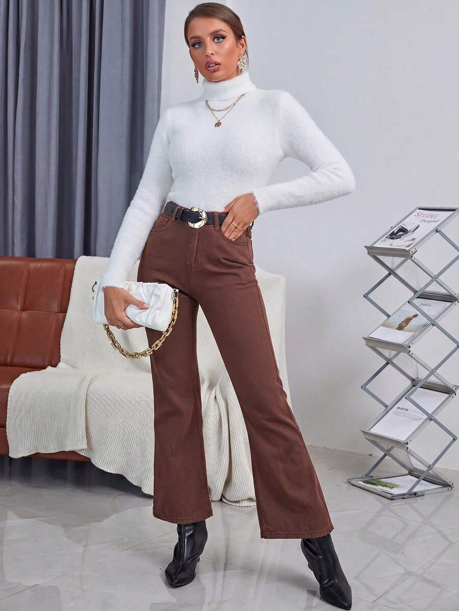 Ingrid Fitted Rib Knit Turtleneck Long Sleeve Pullover Sweater - White