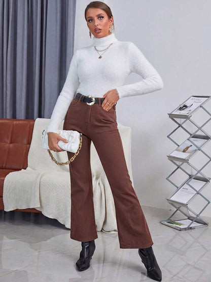 Ingrid Fitted Rib Knit Turtleneck Long Sleeve Pullover Sweater - White