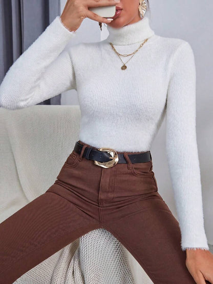 Ingrid Fitted Rib Knit Turtleneck Long Sleeve Pullover Sweater - White