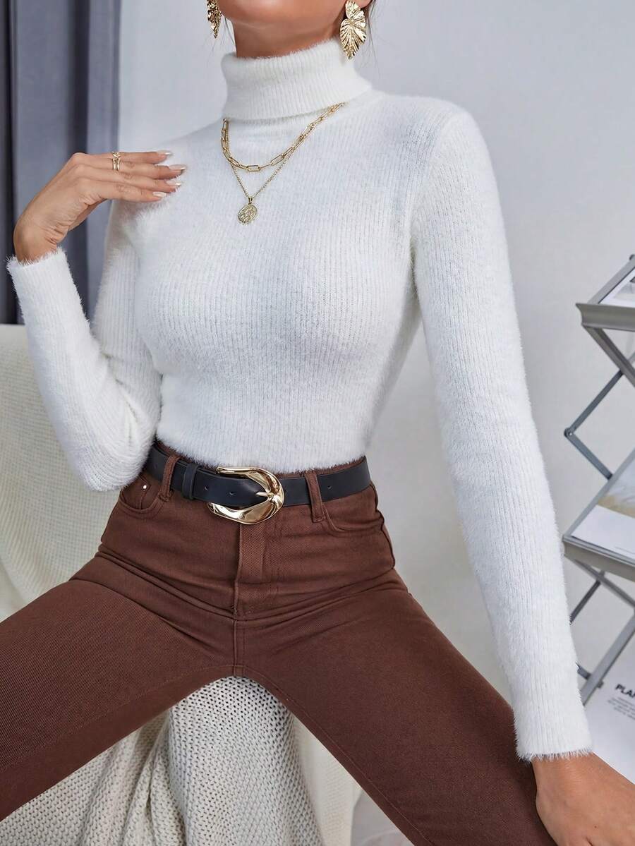 Ingrid Fitted Rib Knit Turtleneck Long Sleeve Pullover Sweater - White