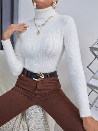 Ingrid Fitted Rib Knit Turtleneck Long Sleeve Pullover Sweater - White