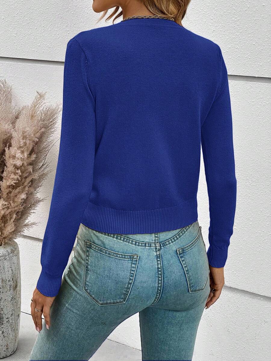 Georgiana Slim Ribbed V-Neck Button Front Knit Cardigan - Royal Blue