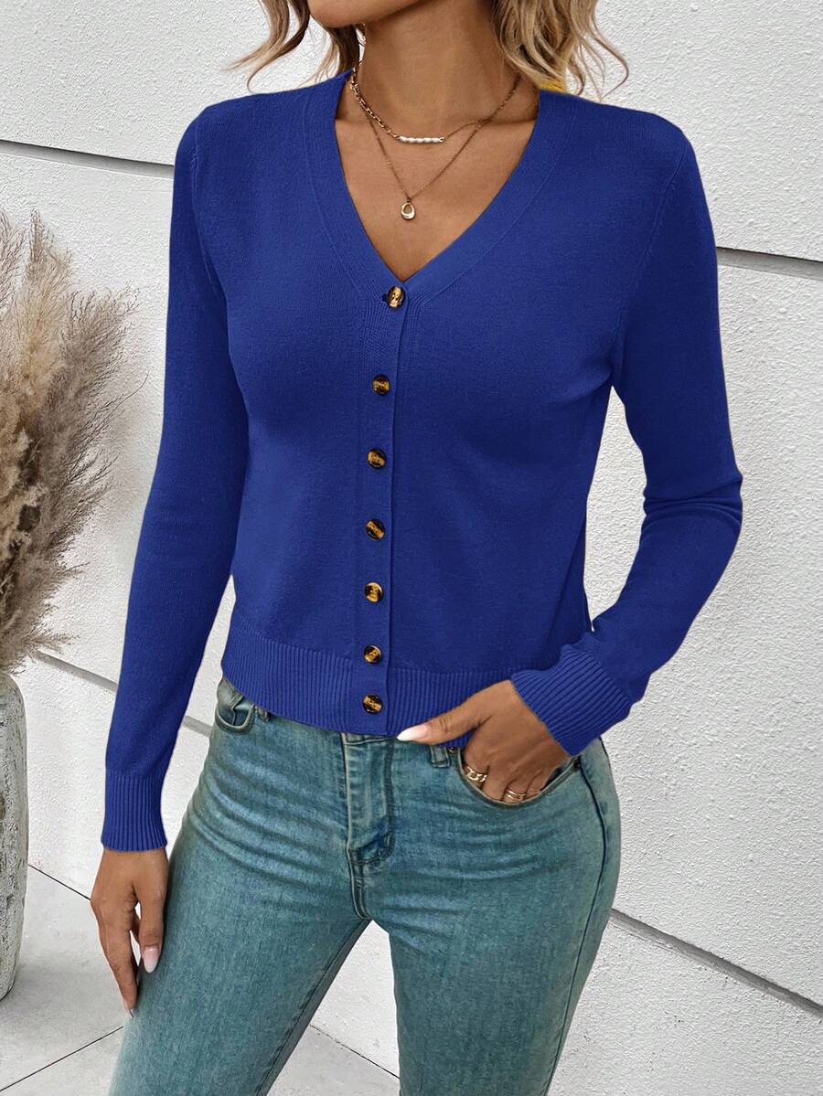 Georgiana Slim Ribbed V-Neck Button Front Knit Cardigan - Royal Blue