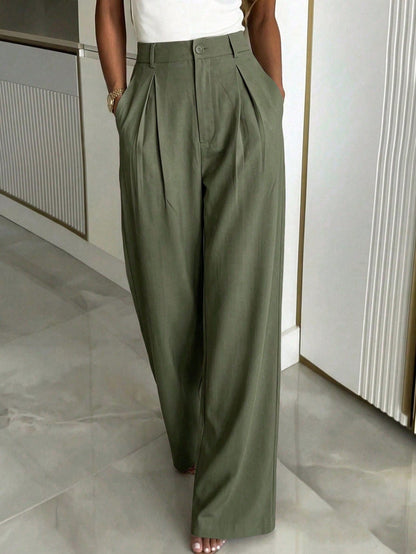 Women's Buckle Waist Wide Leg Trousers, Tailored Dress Pants for Work Office - Brown