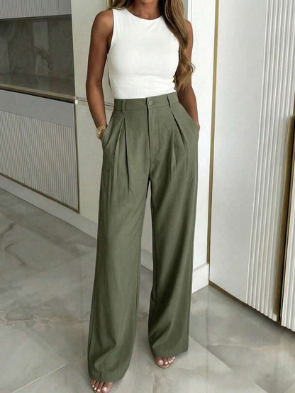 Women's Buckle Waist Wide Leg Trousers, Tailored Dress Pants for Work Office - Dark Brown
